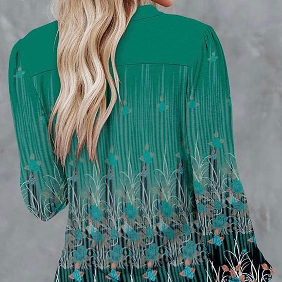 Blouse Women's Turquoise, beige, Blouse. With Bishop Sleeves. V-neck. Large - Picture 8 of 13